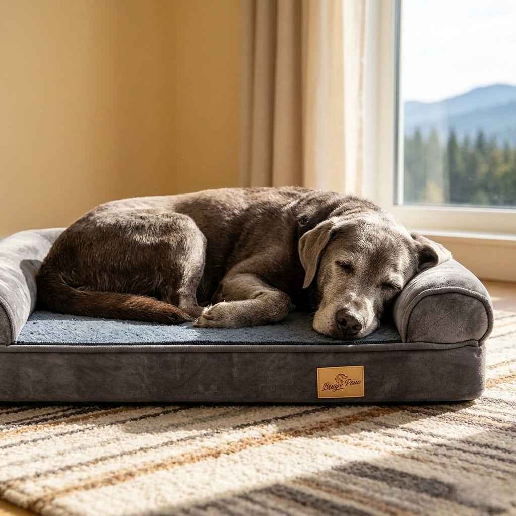 Bolster sofa dog bed with blue cushion and dark gray frame; gray dog curled up.