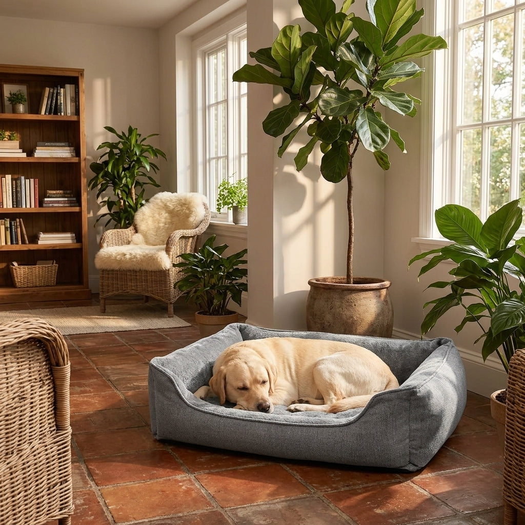 Gray bolster dog bed with raised sides and curled-up light tan dog