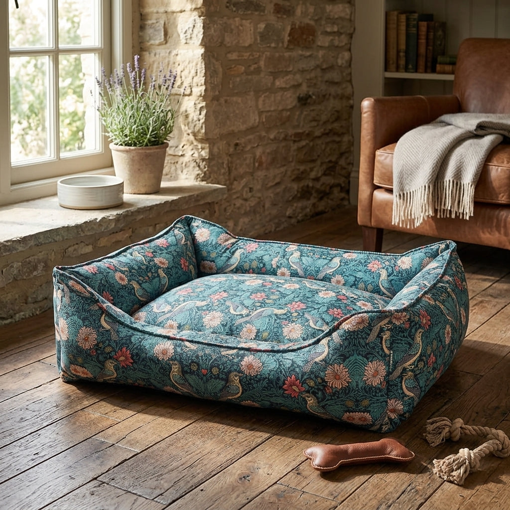 Floral bolster pet bed with teal-blue cover, rounded corners and piped trim