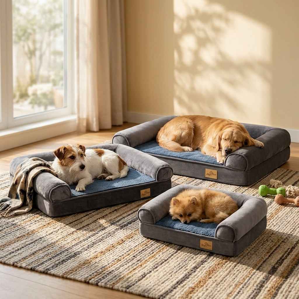 Bolster sofa dog bed set with blue inserts and dark gray bolsters; two small dogs lying.