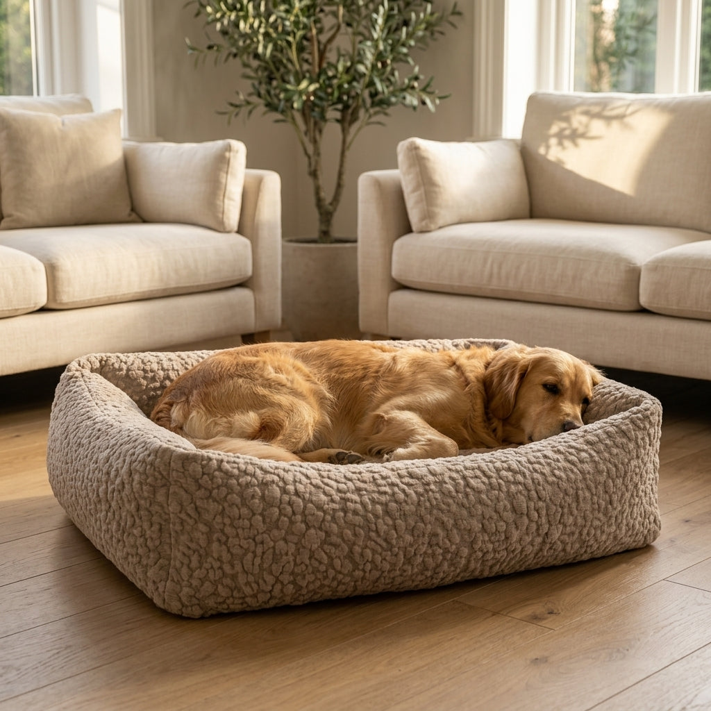 Beige corduroy orthopaedic pet bed with cushioned bolsters and textured fabric; brown dog resting