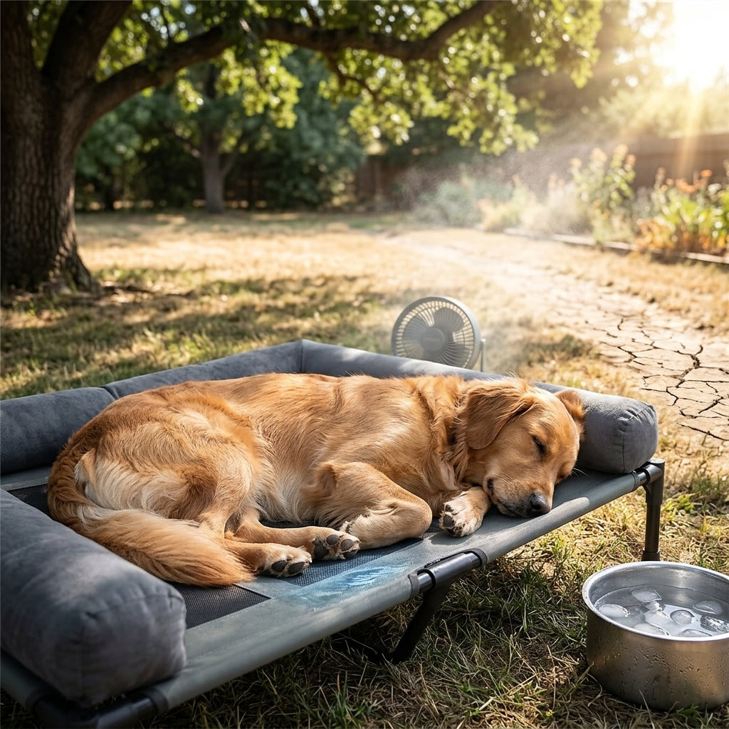 Gray padded raised dog cooling cot with sleeping golden retriever and water bowl.