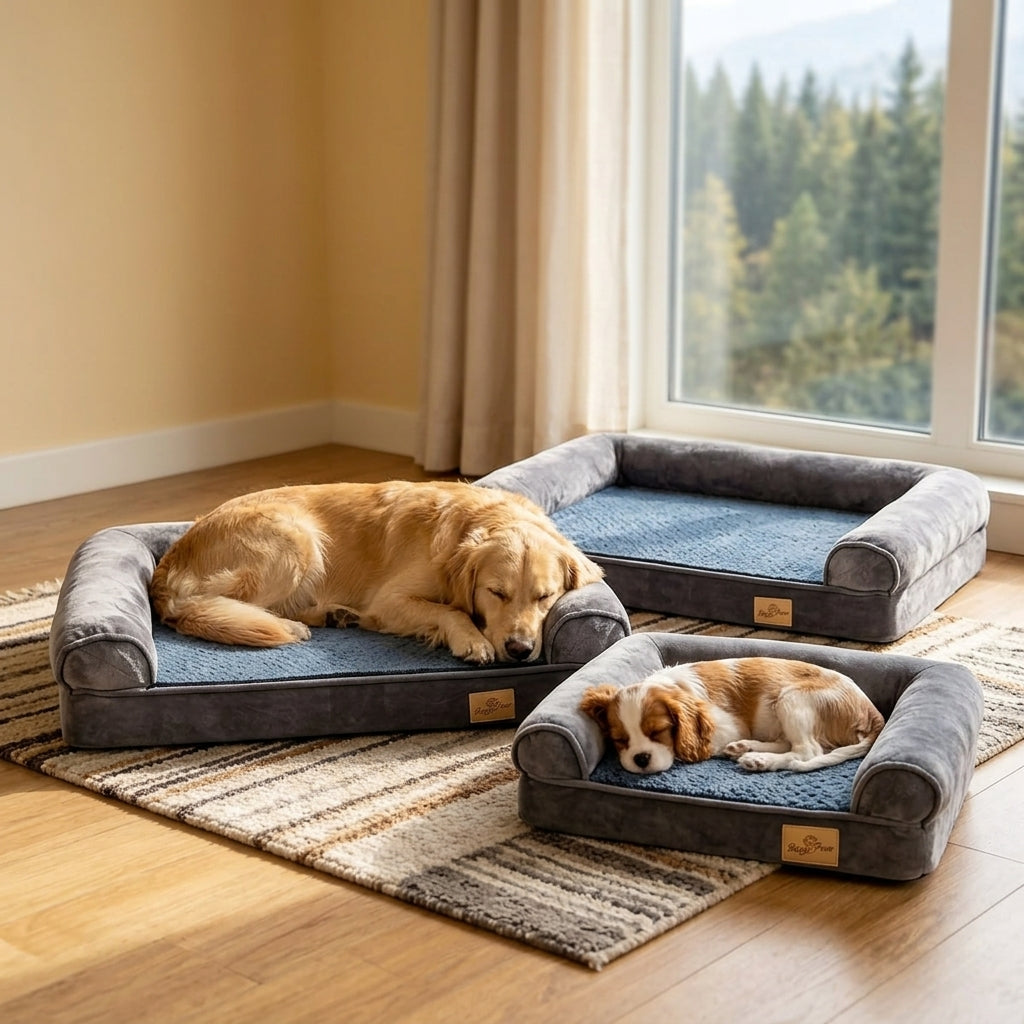 Bolster sofa dog bed with blue cushion and gray bolsters; golden dog lying, head down.