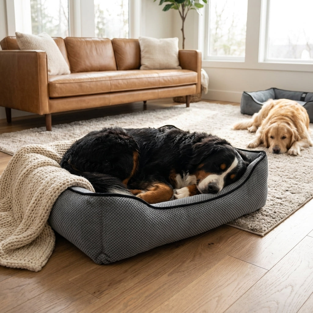 Textured plush dog bed, dark gray weave sides and low rim; black-and-tan dogs sleeping