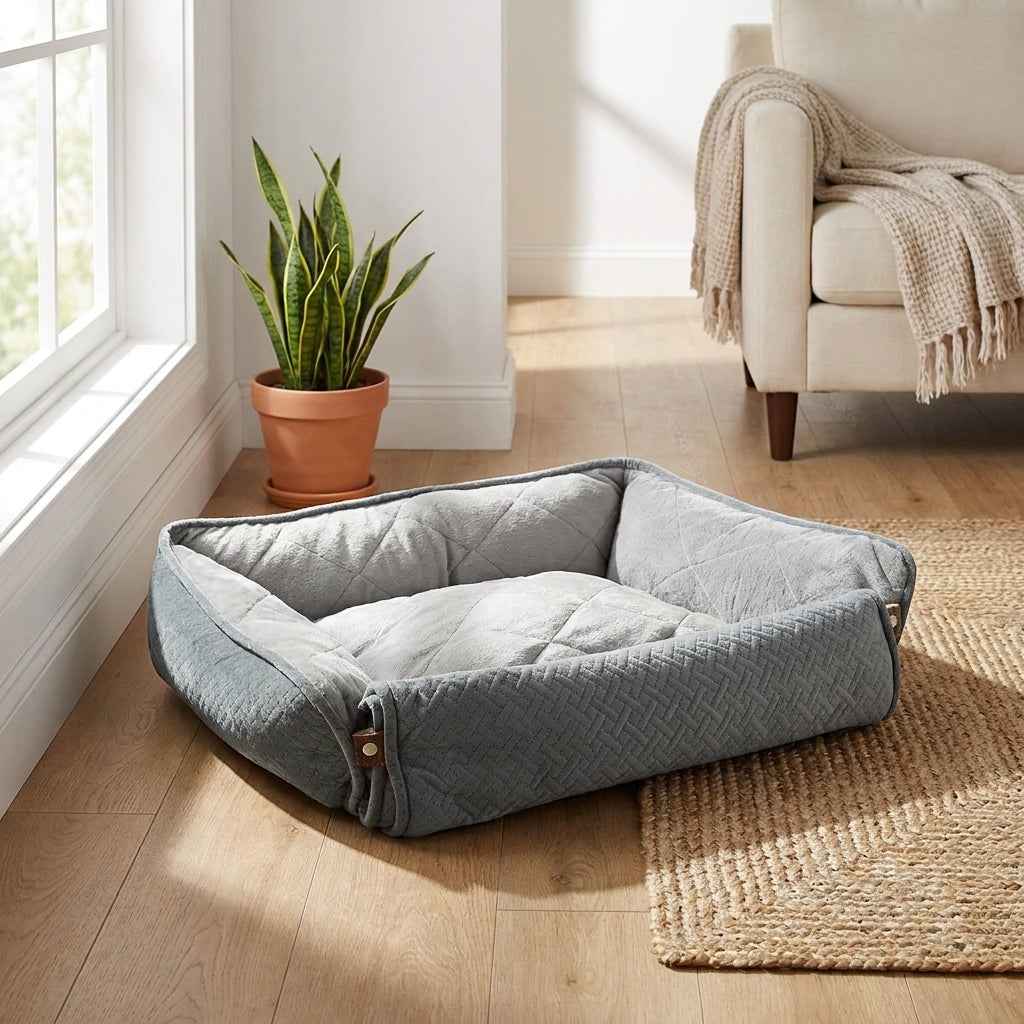 Gray quilted orthopaedic mattress with thick bolstered edges and carry handle