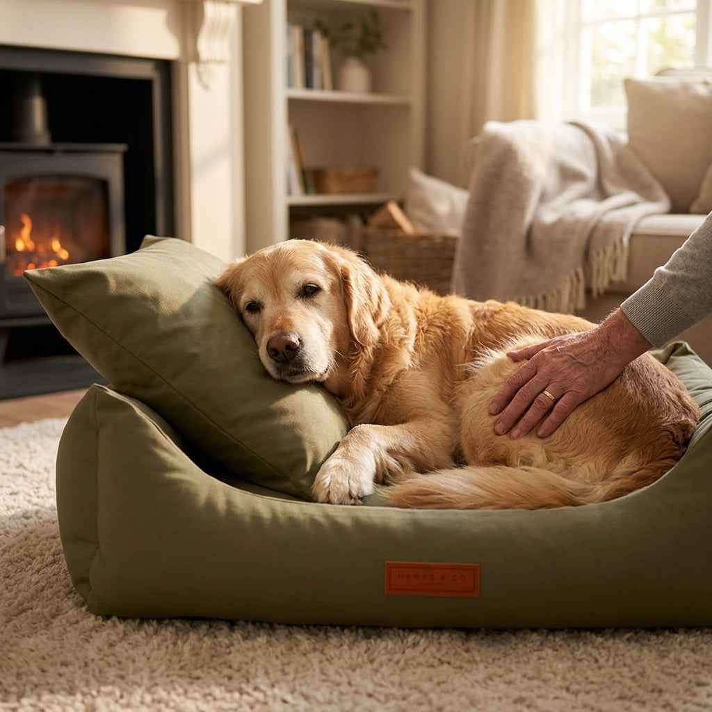 Olive waterproof dog nest bed with brown logo patch, golden dog lying inside
