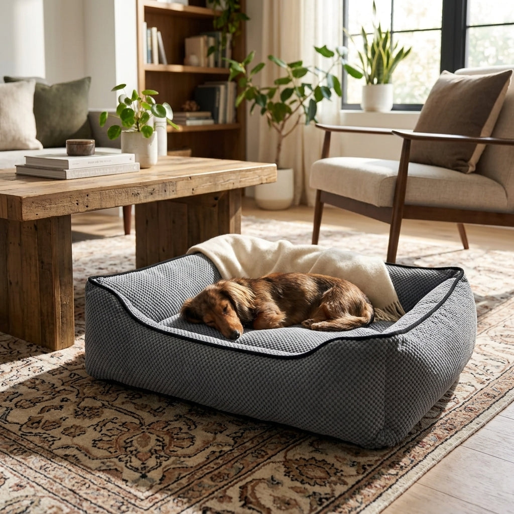 Textured plush dog bed in dark gray with black trim; brown dog lying down on top.