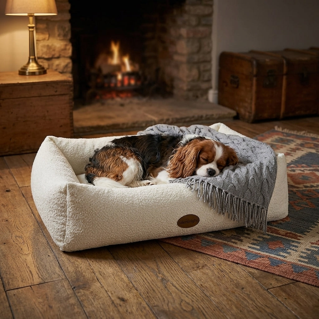 Cream bouclé pet nest bed with two dogs curled together and gray throw