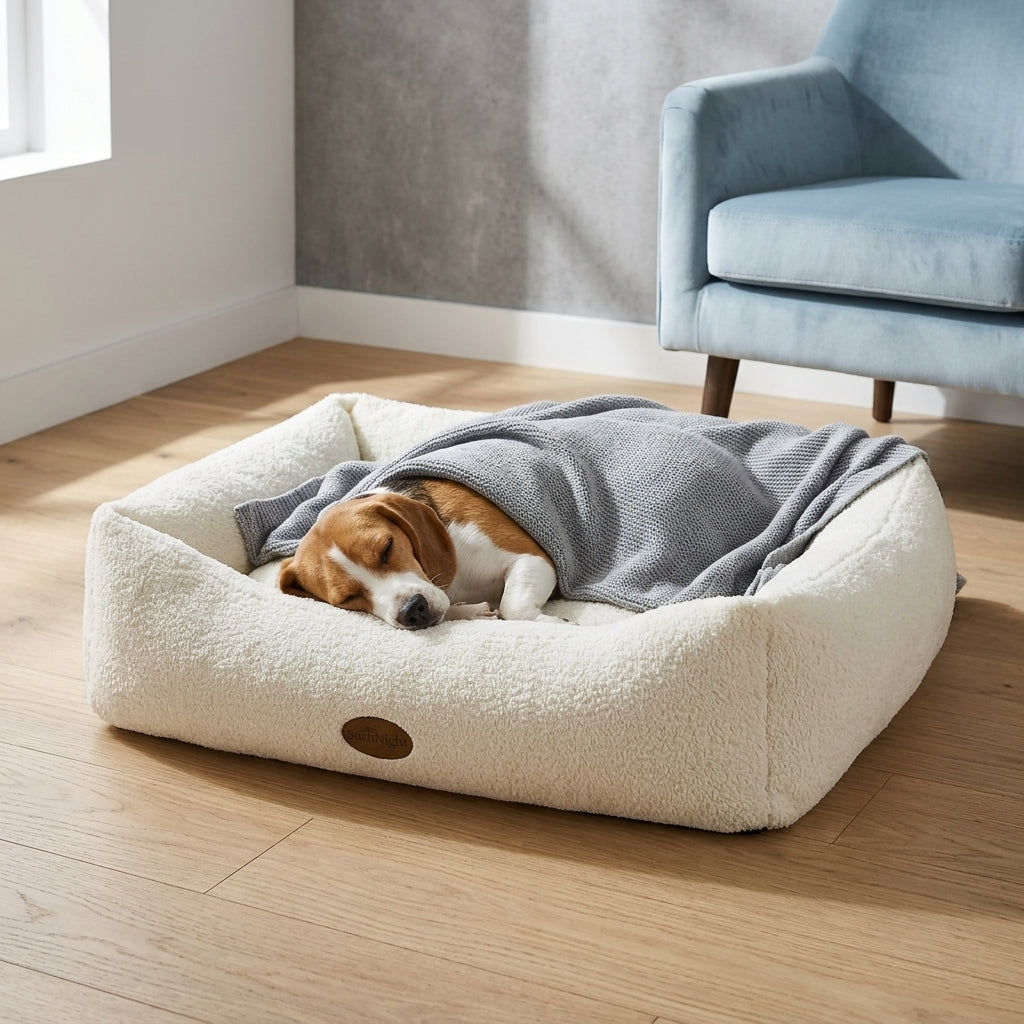 Cream bouclé pet nest bed with dog resting on gray blanket