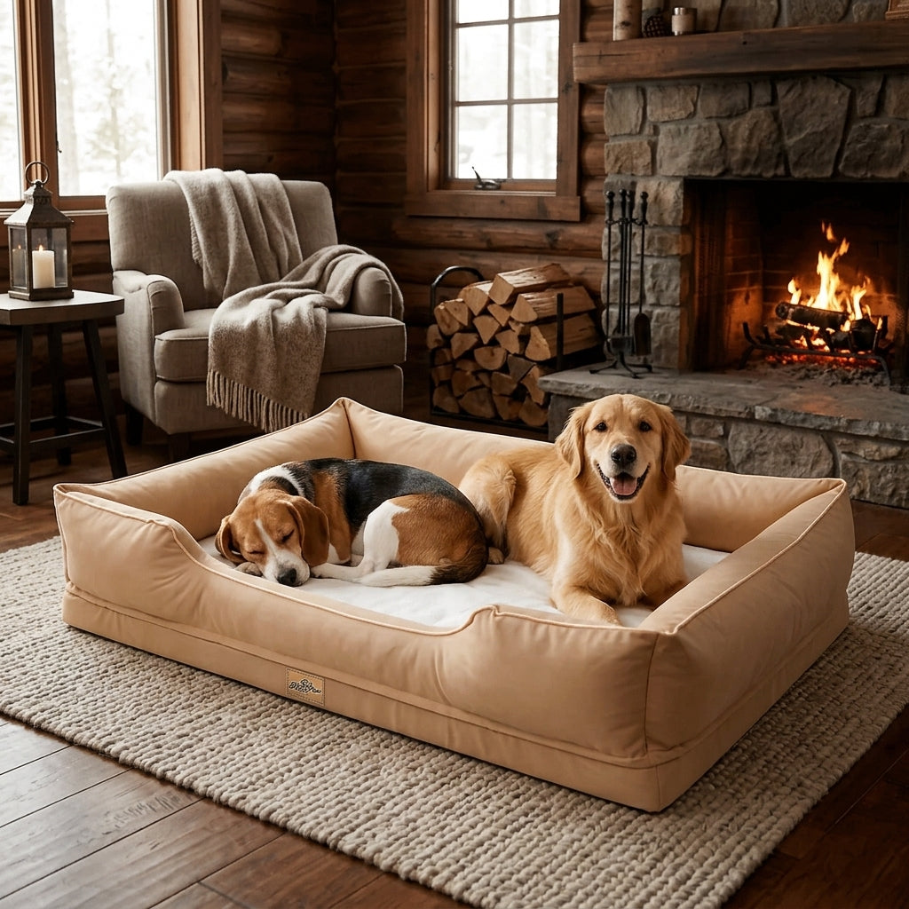 Beige waterproof bolster crate bed with three dogs lounging near a fireplace