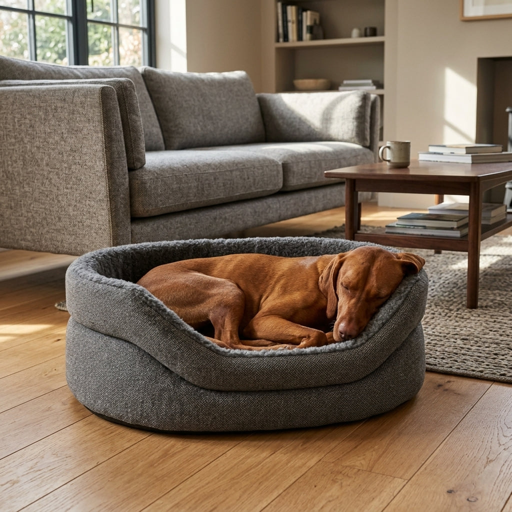 High-sided nest dog bed in gray fabric with plush inner rim, dog curled up