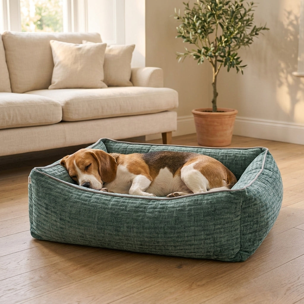 Kendal green corduroy orthopaedic pet bed with raised edges, two dogs lying in it