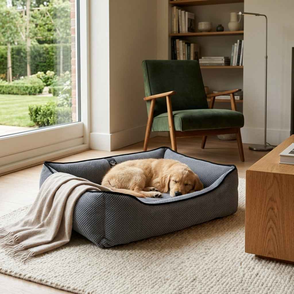 Textured plush dog bed in dark gray with black trim and tucked-in golden dog asleep.