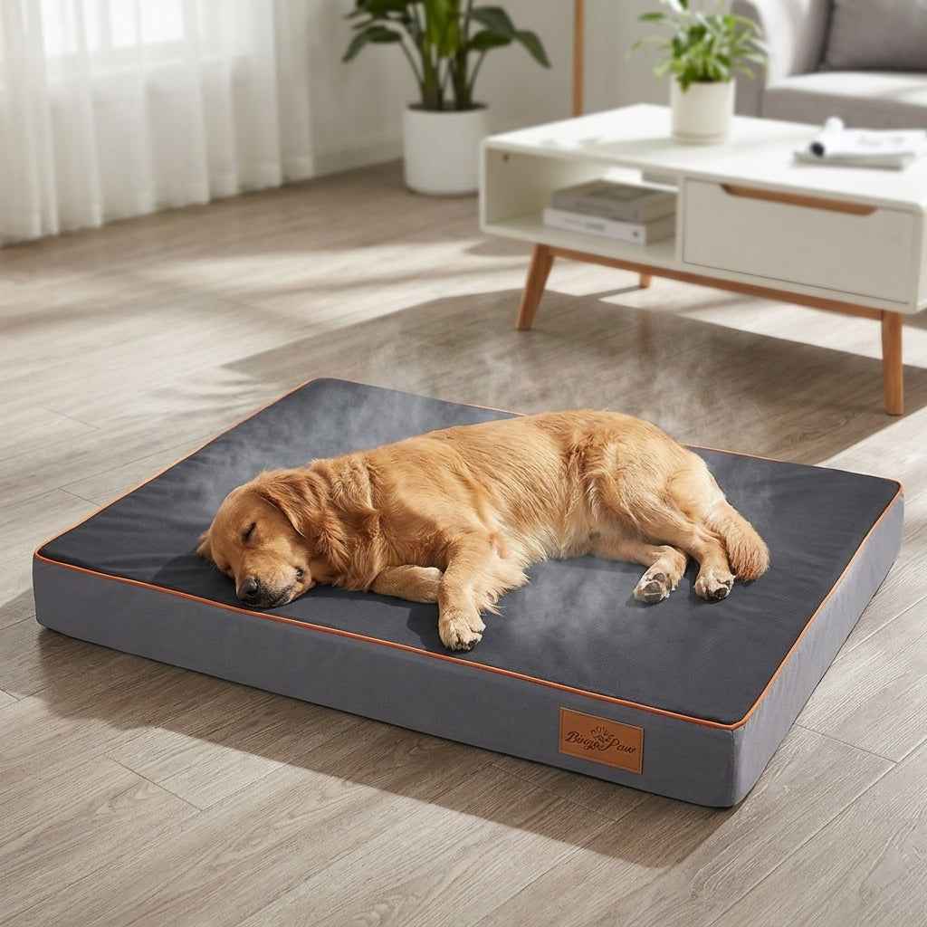 Orthopaedic memory foam dog mattress, rectangular dark base with orange-trimmed top