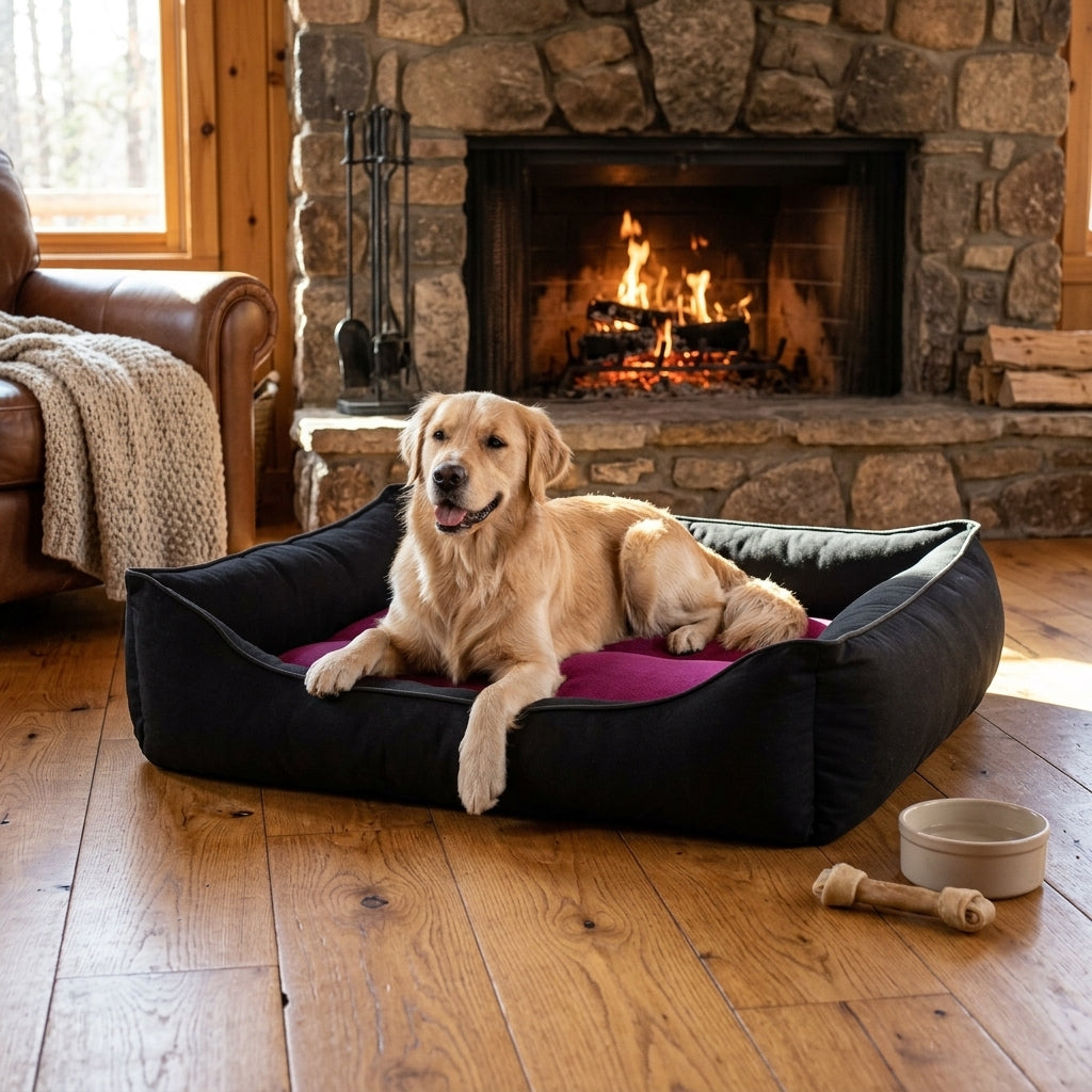 Wensleydale nesting pet bed in dark fabric with purple inner cushion, dog resting on top