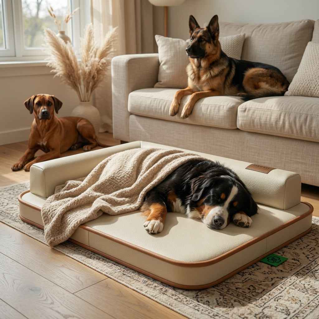 Waterproof dog bed mat with beige cushion and brown trim, dog lying on the cushion.