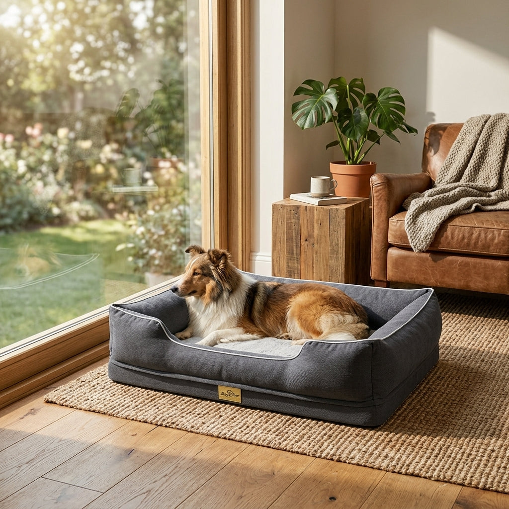 Gray bolster dog sofa bed with dog resting along the cushion tray edge