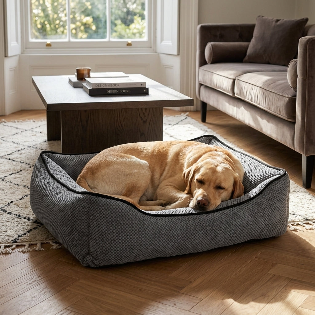 Textured plush dog bed in dark gray with black trim; light brown dog resting curled up.