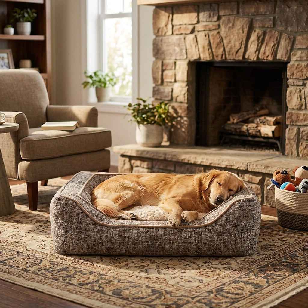 Reversible square fabric dog bed with plush inner liner, dog stretched out.