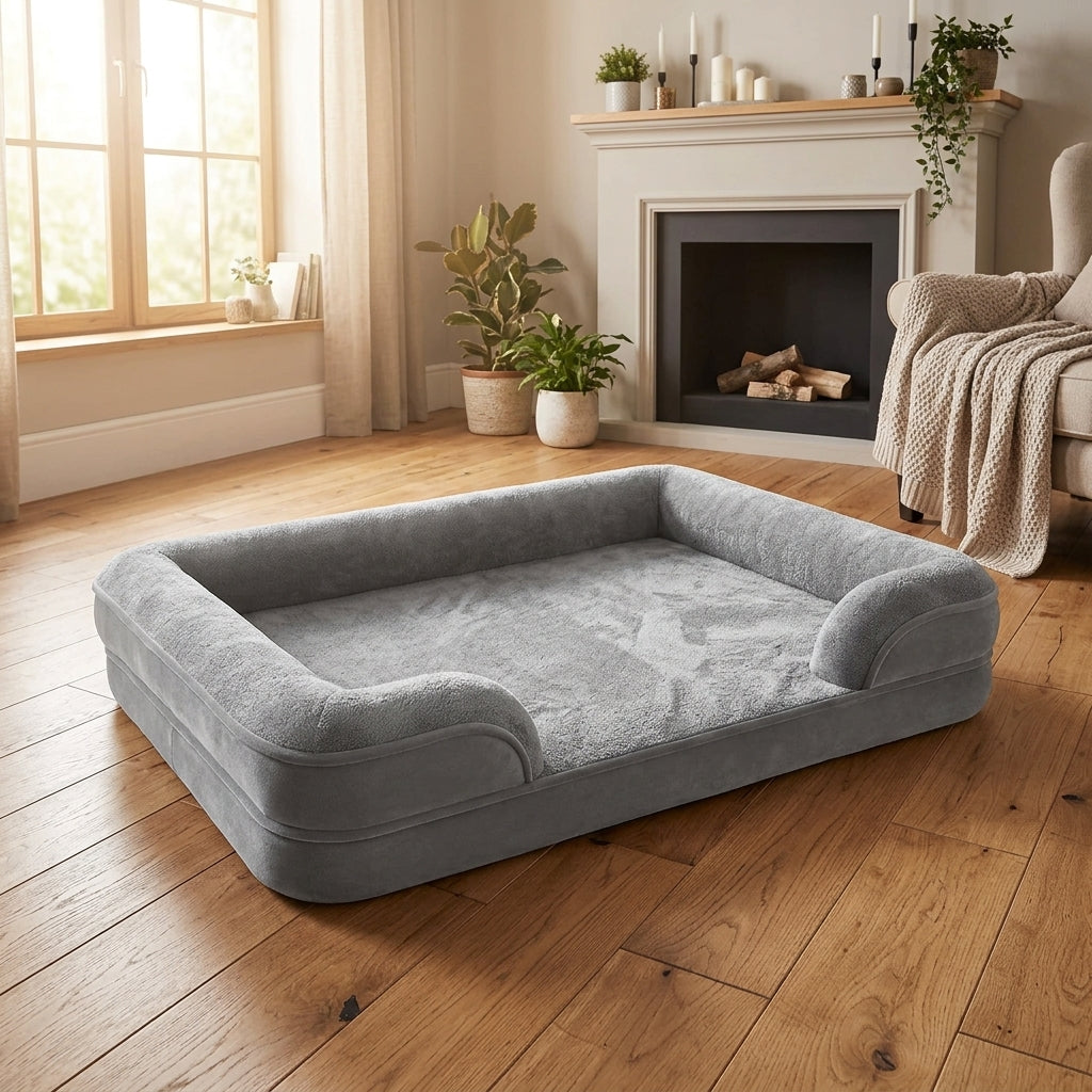 Gray raised-edge orthopaedic dog bed with plush cushion and thick bolstered sides, no dog present.