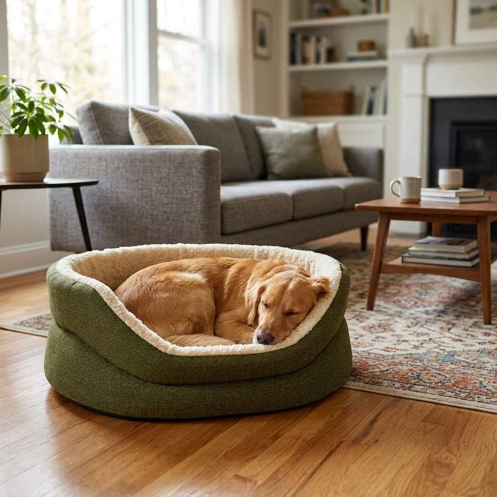 High-sided nest dog bed in green fabric with light inner rim, dog lying down