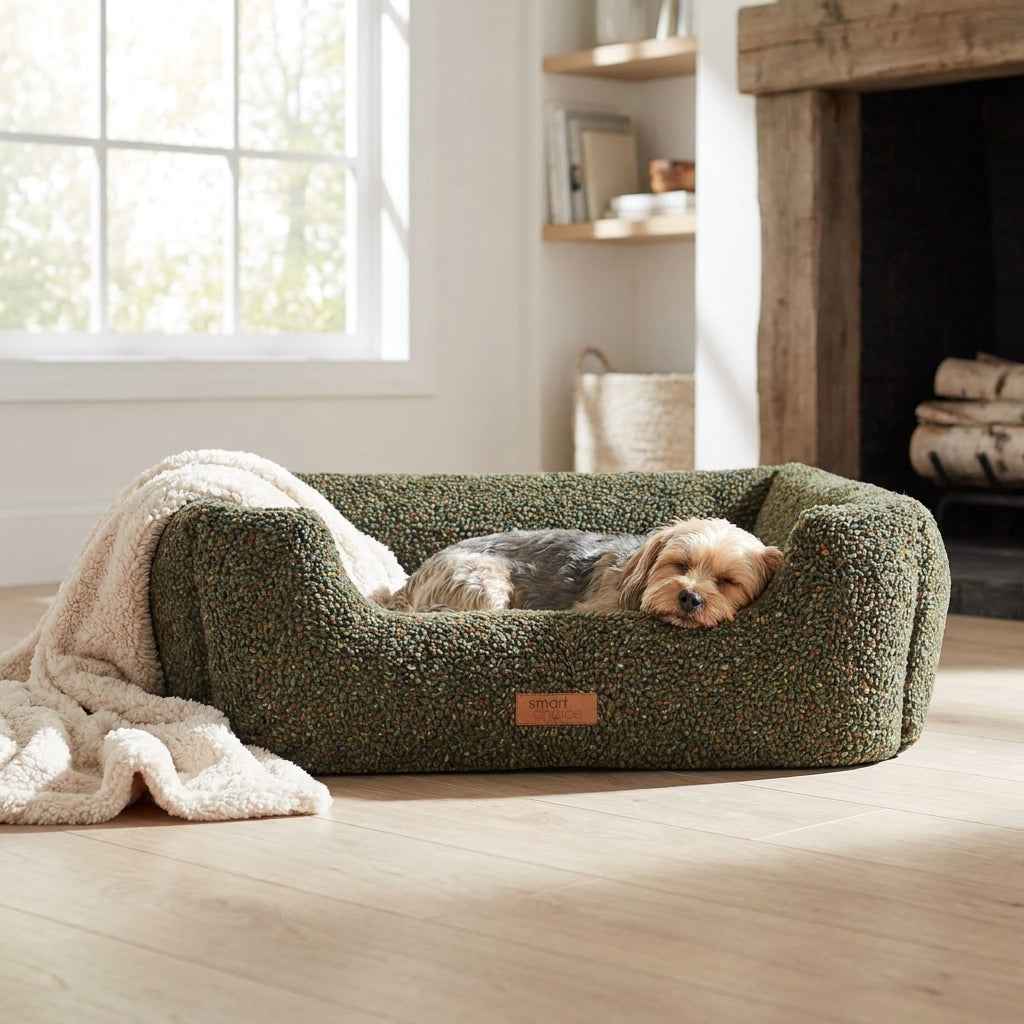 Orthopaedic dog bed with dark green textured fabric, raised bolsters and tan logo patch