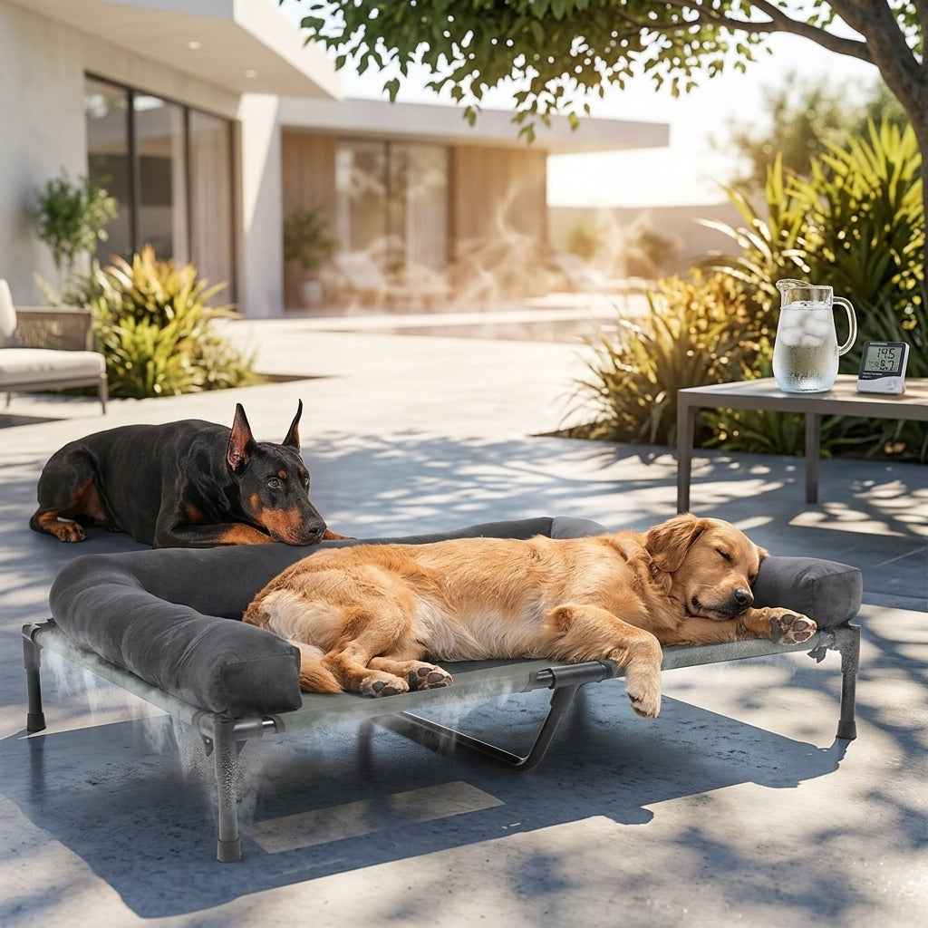 Raised dog cooling cot with gray bolsters and two sleeping dogs.