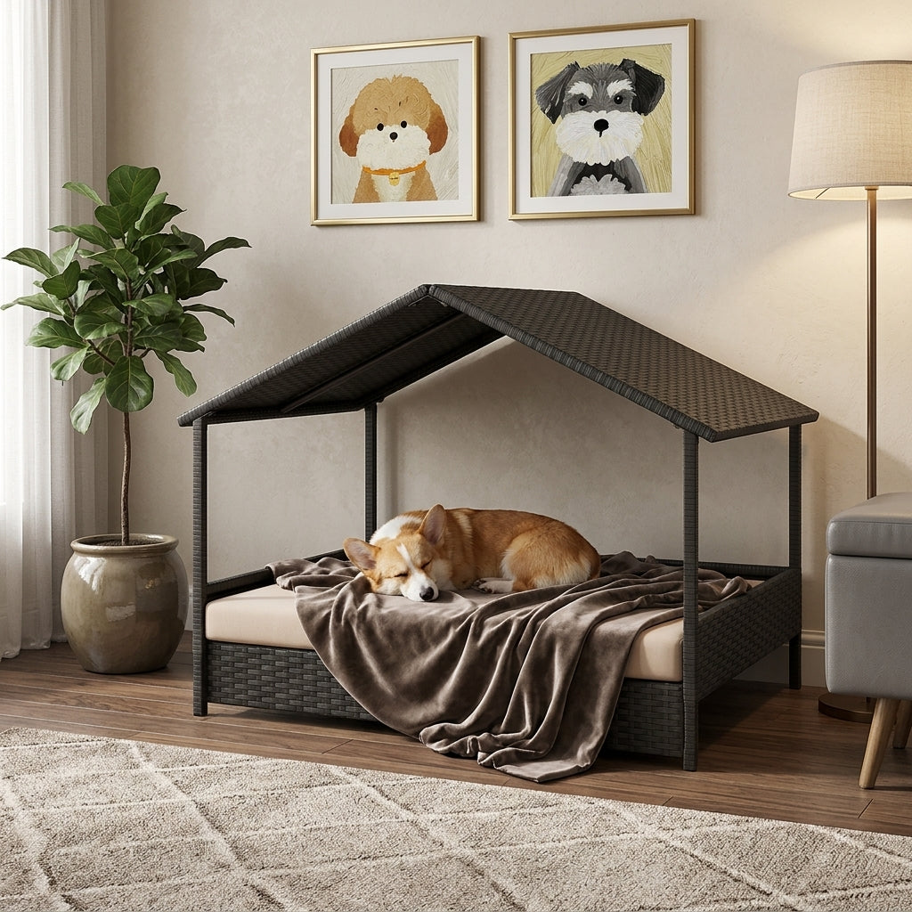 Rattan dog house with canopy roof and soft blanket on raised bed, dark woven sides