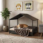 Rattan dog house with canopy roof and soft blanket on raised bed, dark woven sides