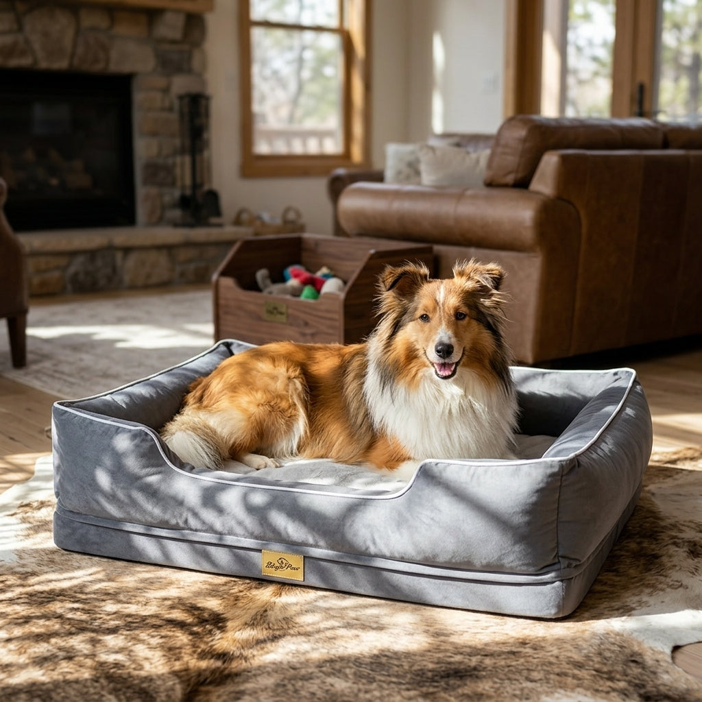 Gray bolster dog sofa bed with dog lying in the open, padded center