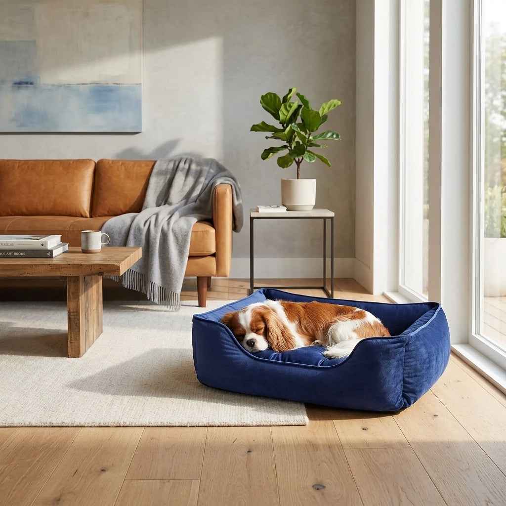 Blue velvet pet nest bed, red-and-white dog curled up inside