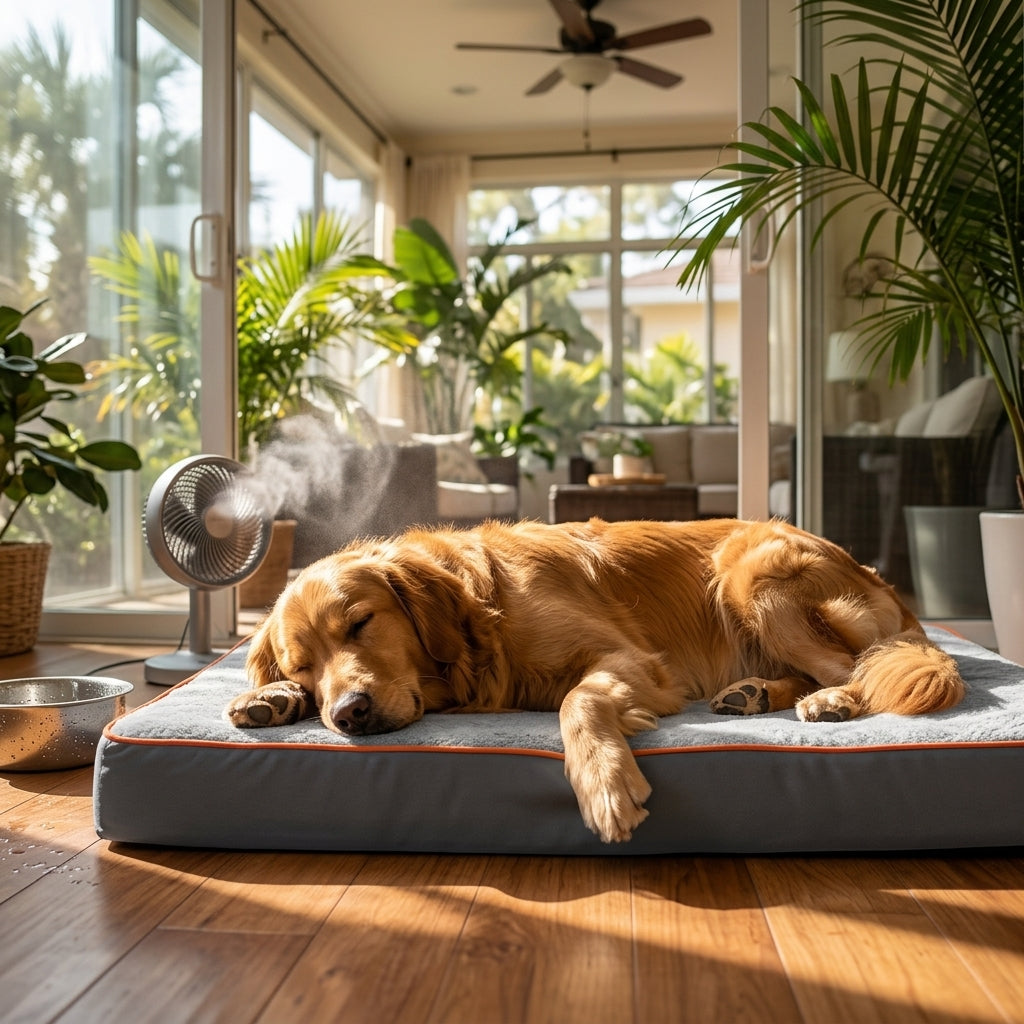 Orthopaedic memory foam dog mattress with blue-gray top, dark sides, and orange piping