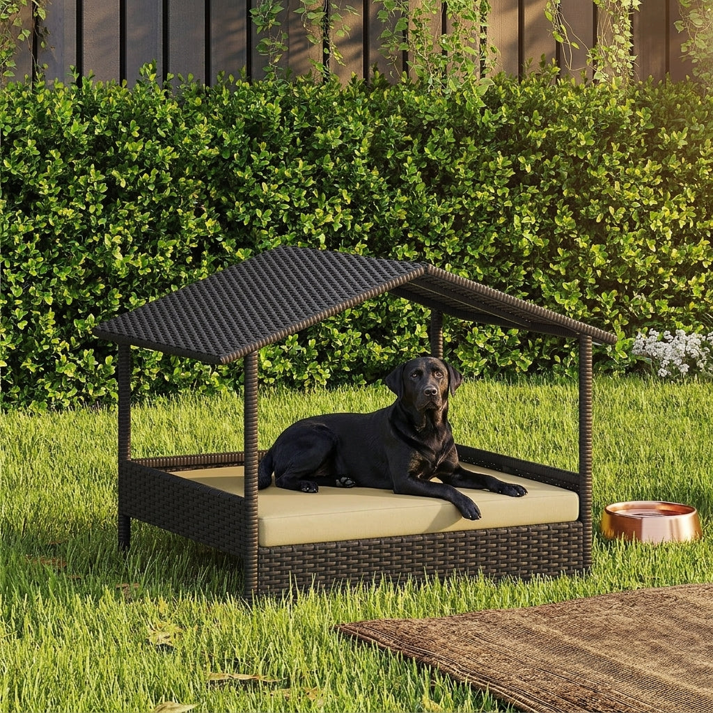 Elevated outdoor dog day bed with sun canopy and beige cushion; dark dog lying inside