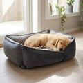 Gray flat orthopaedic dog bed with a tan dog resting inside