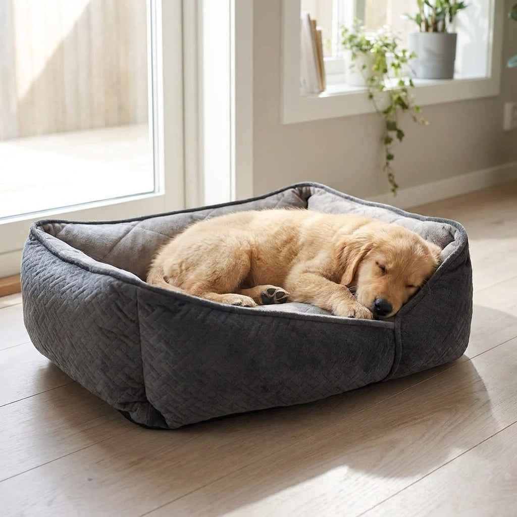 Gray flat orthopaedic dog bed with a tan dog resting inside