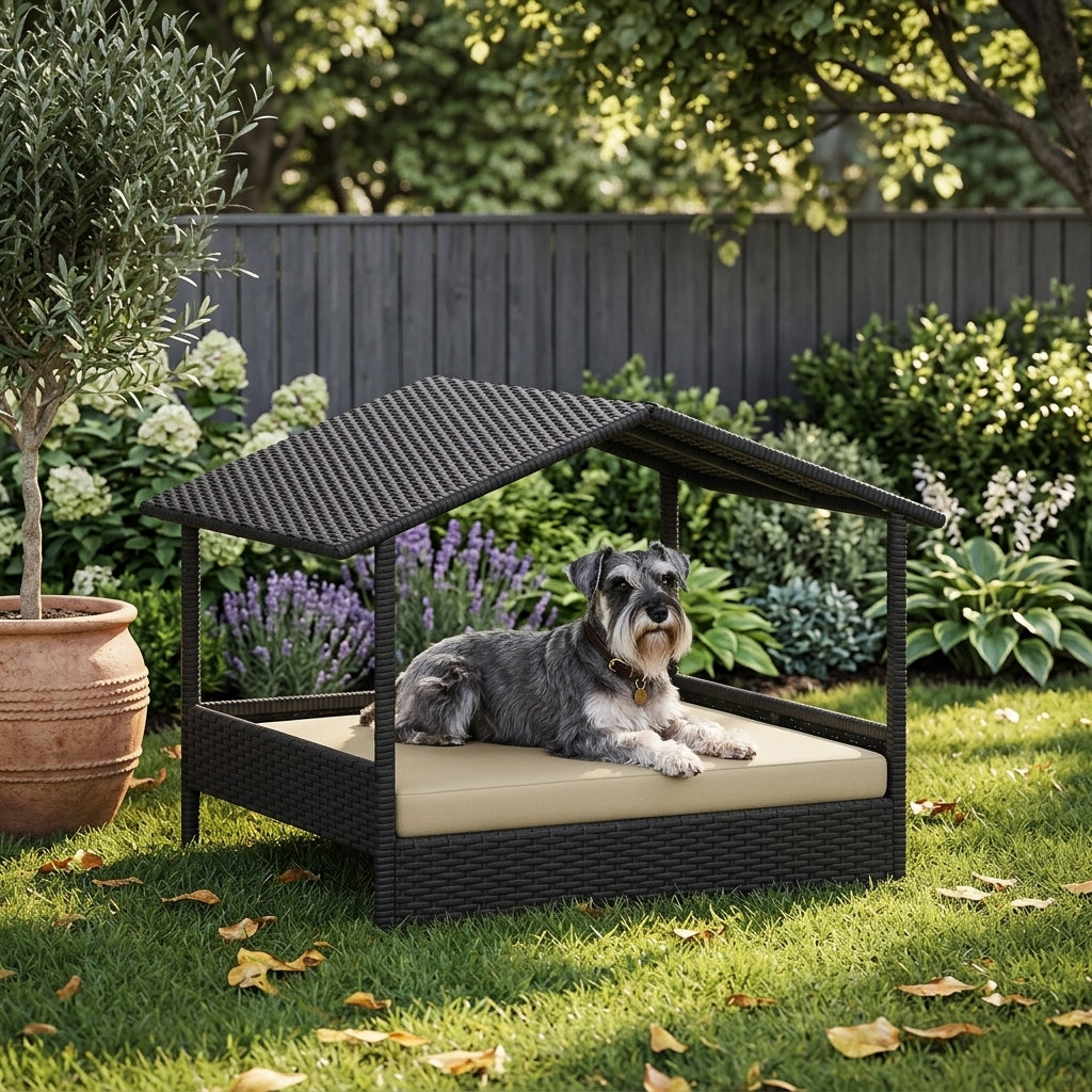 Elevated outdoor dog day bed with sun canopy, dark wicker texture and beige cushion; small dog resting