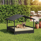 Elevated outdoor dog day bed with sun canopy and beige cushion; dog lying inside