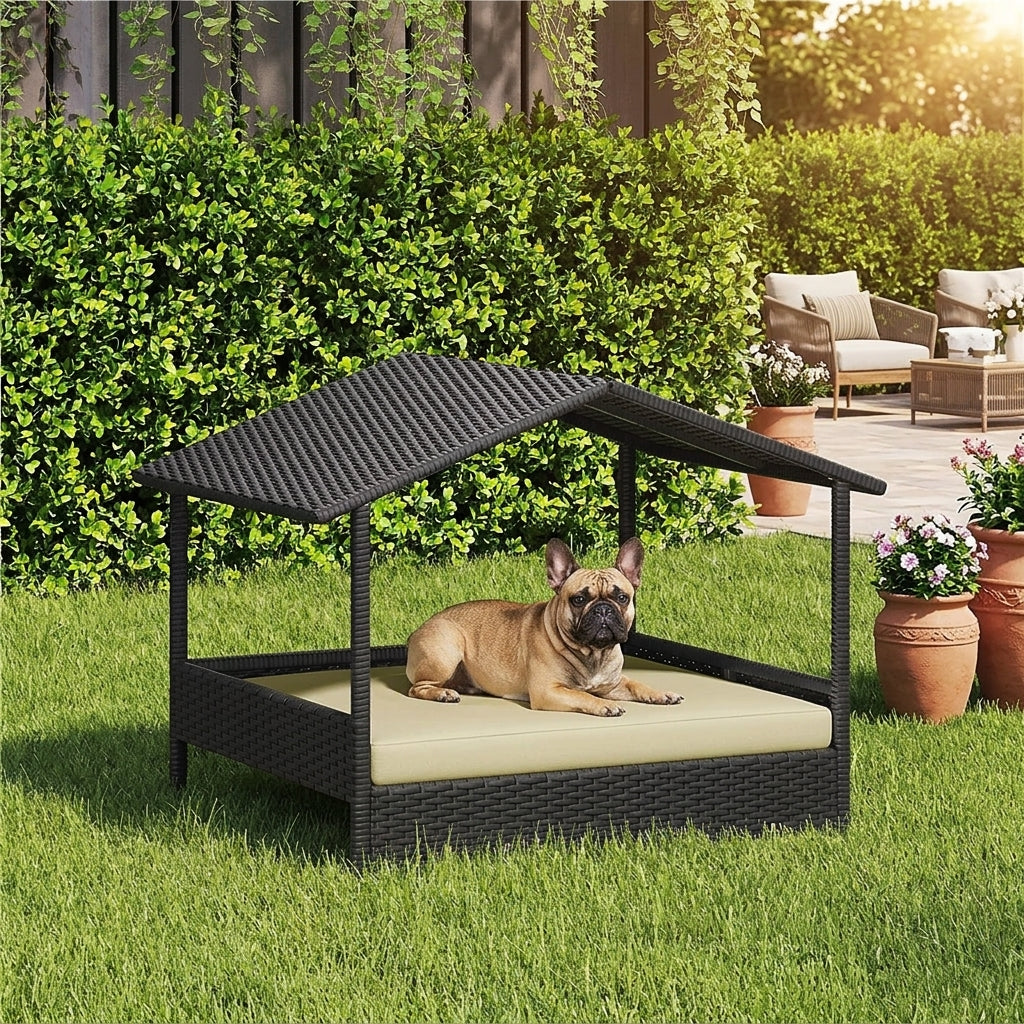 Elevated outdoor dog day bed with sun canopy and beige cushion; dog lying inside