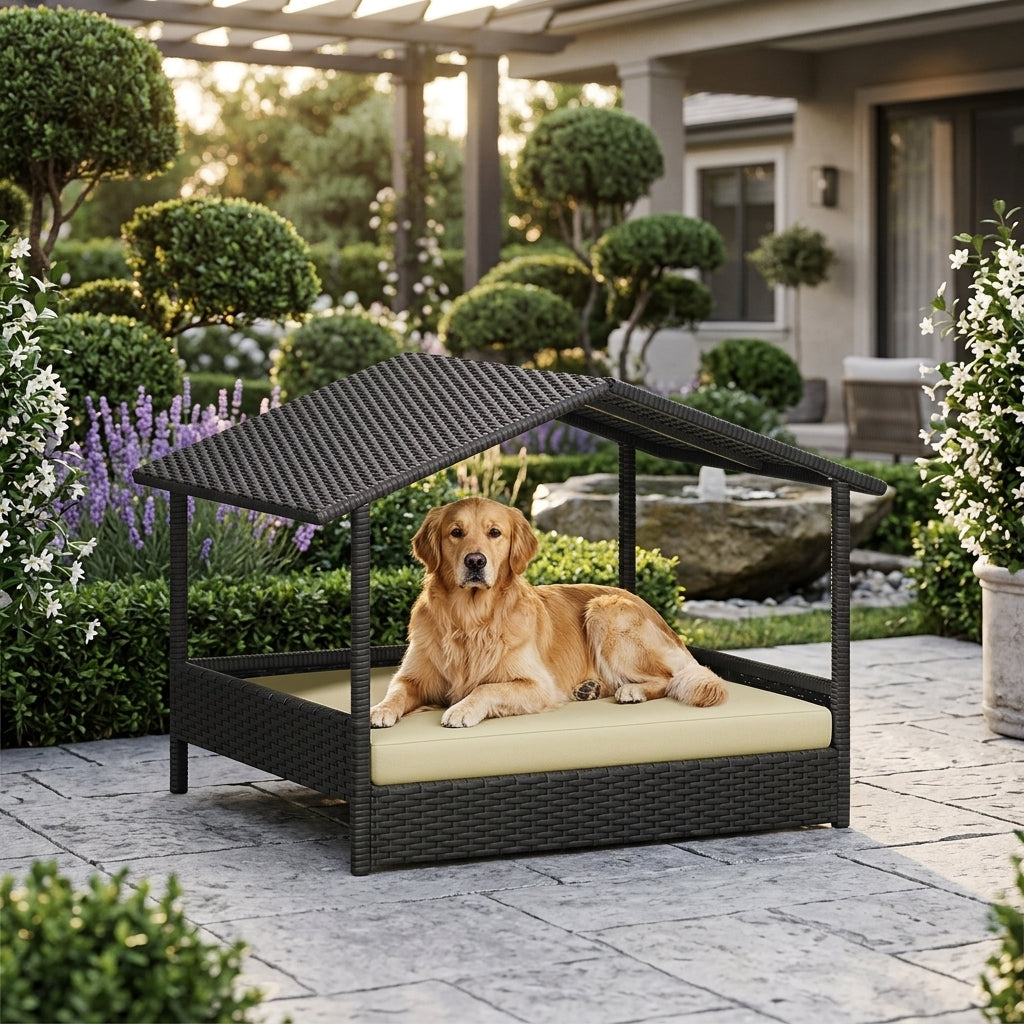 Elevated outdoor dog day bed with sun canopy, dark wicker sides and beige cushion; dog resting