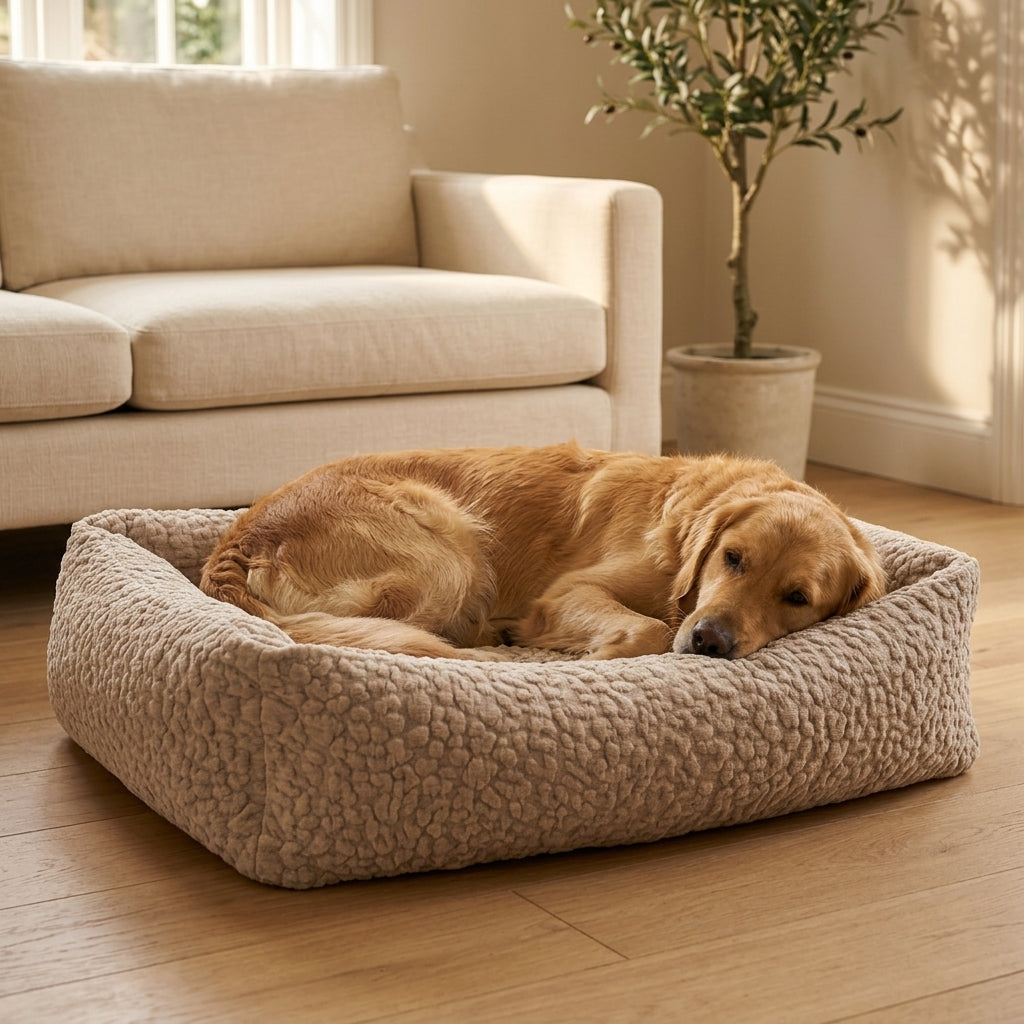 Beige corduroy orthopaedic pet bed with cushioned bolsters and textured fabric; golden dog resting
