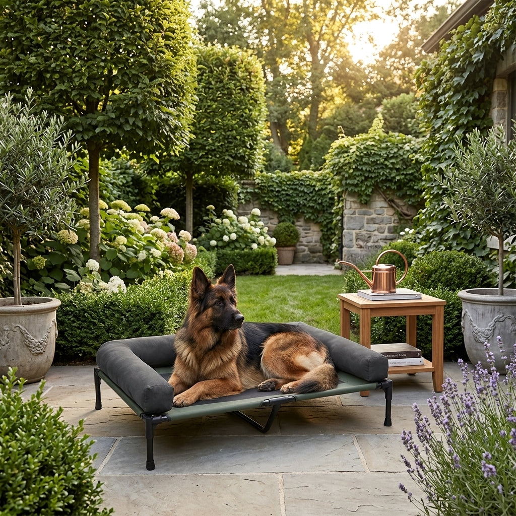 Elevated cooling dog bed with dark gray cushion; German shepherd dog resting on raised cot