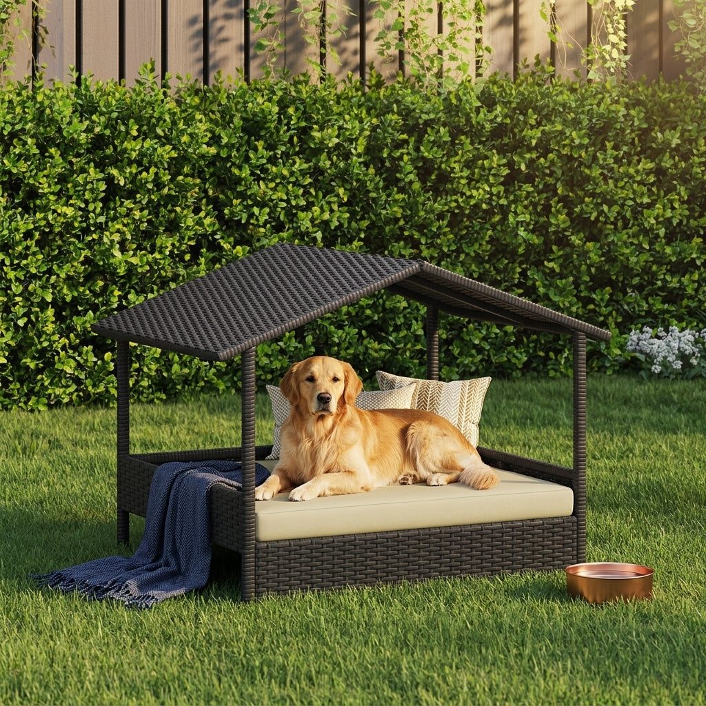 Elevated outdoor dog day bed with sun canopy and beige cushion; dog lounging inside