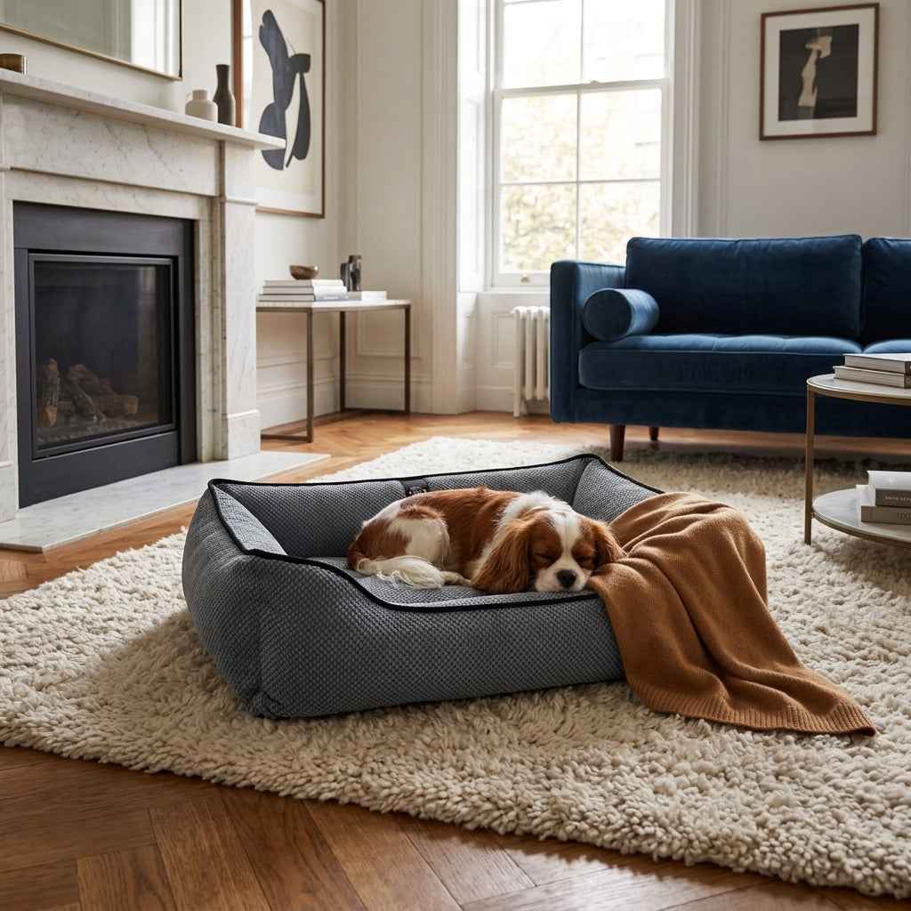 Textured plush dog bed in dark gray with black trim; red dog lying stretched out.