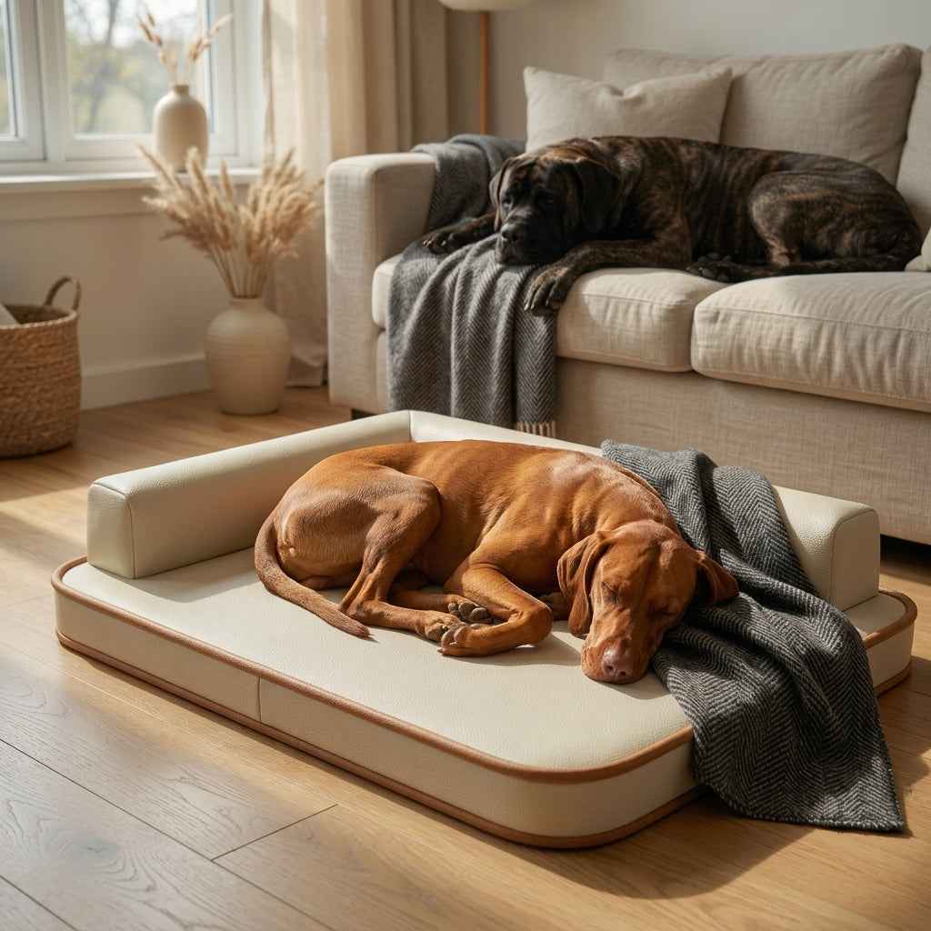 Waterproof dog bed mat with beige cushion and brown trim, two dogs sleeping on top.