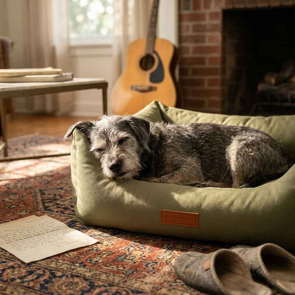 Olive waterproof nest dog bed with cushioned sides and brown logo patch, resting dog