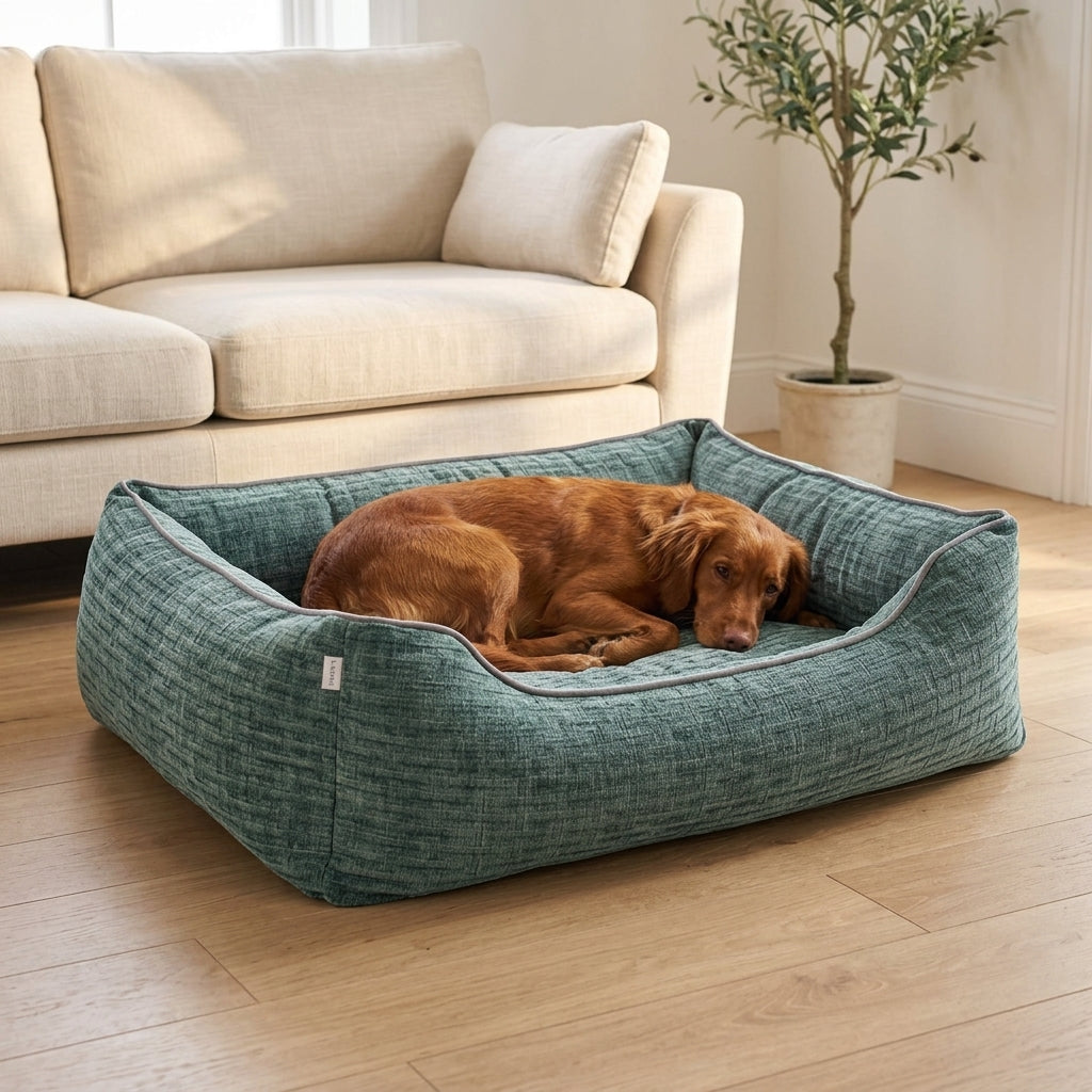 Kendal green corduroy orthopaedic pet bed with cushioned base, one dog sleeping inside