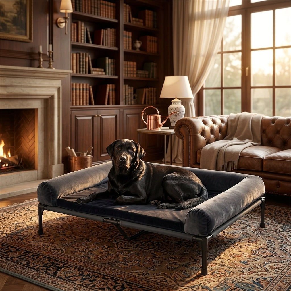 Elevated cooling dog bed with gray cushion; black dog lying on raised cot in living room