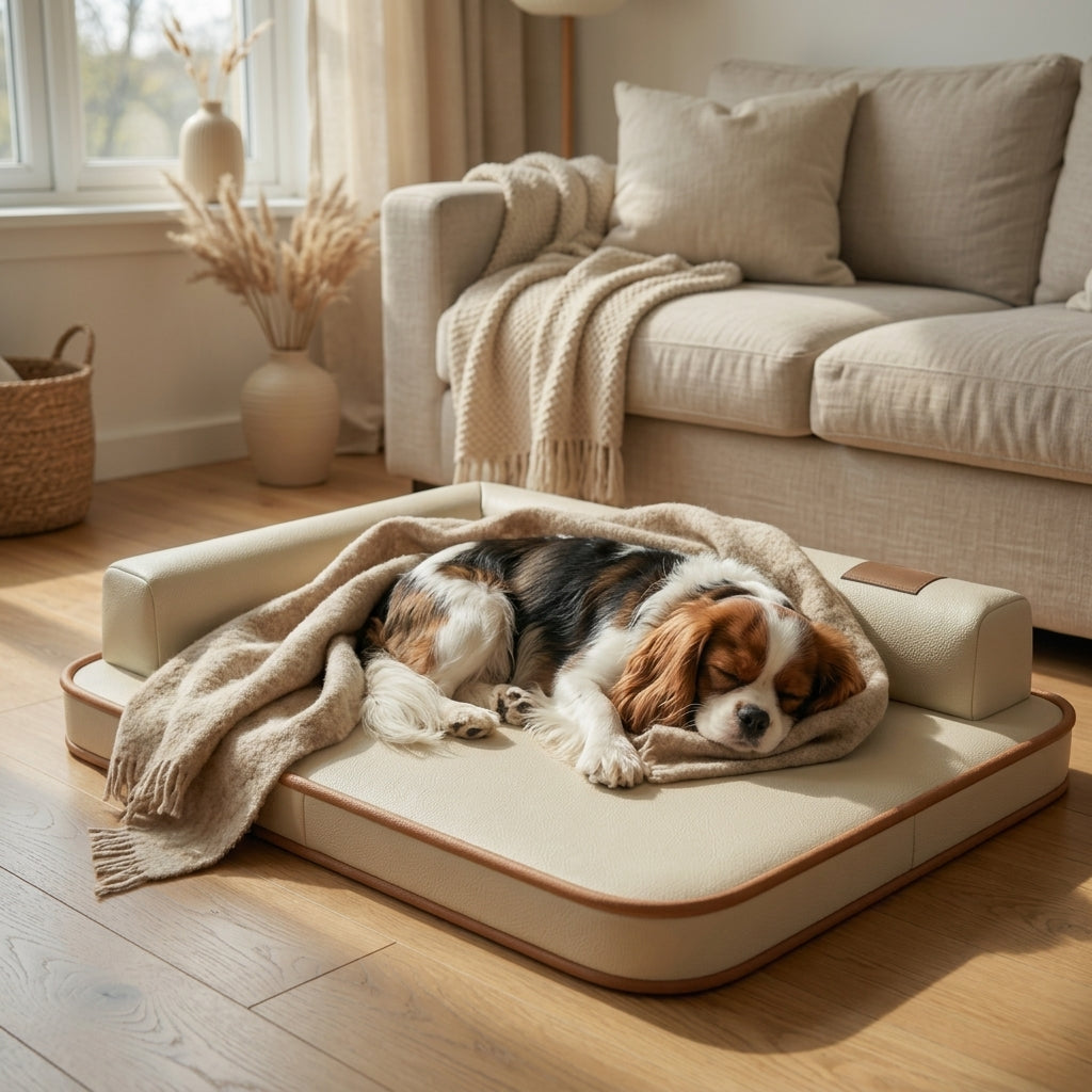 Waterproof dog bed mat with beige cushion and brown trim, two dogs sleeping together.