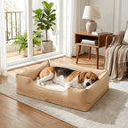 Beige waterproof bolster crate bed with a brown-and-white dog curled on the cushion