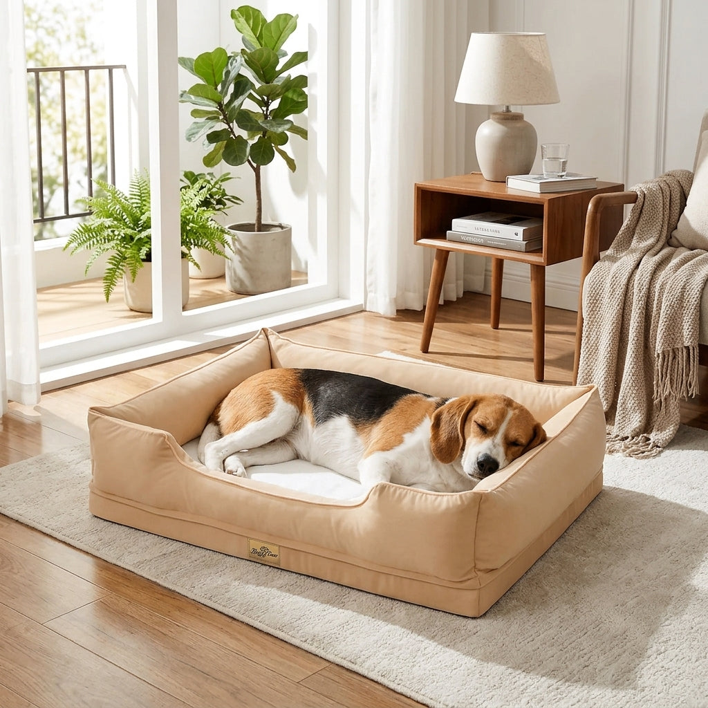 Beige waterproof bolster crate bed with a brown-and-white dog curled on the cushion
